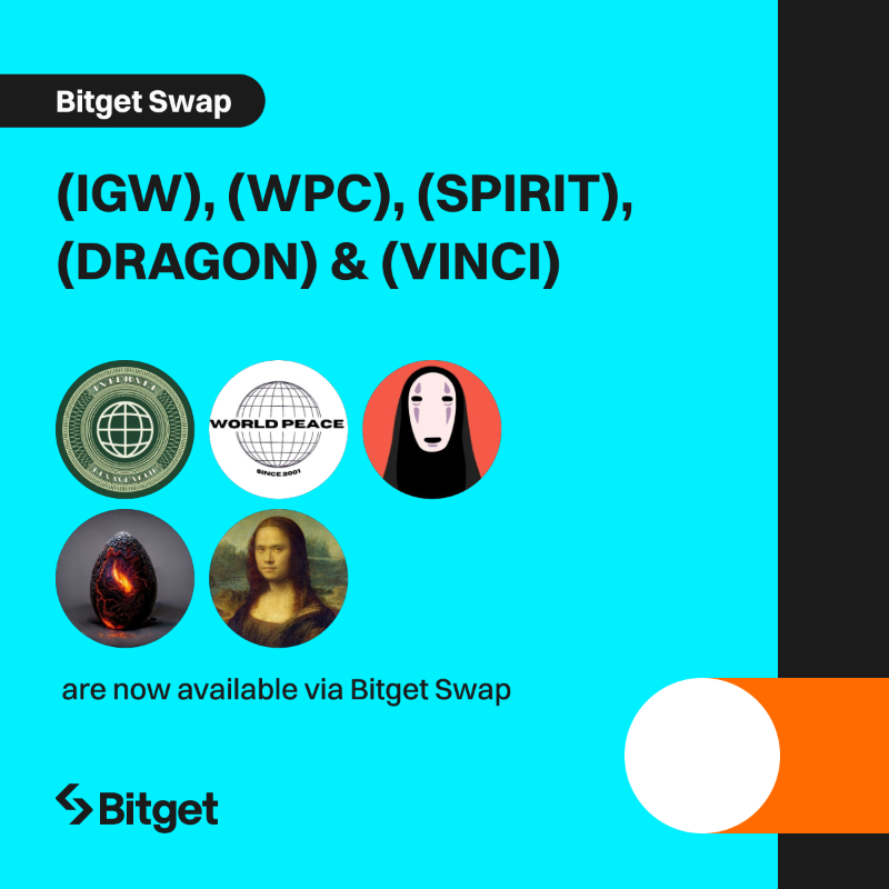 bitget's tweet photo. $IGW, $WPC, $SPIRIT, $DRAGON &amp; $VINCI are now available via #Bitget Swap. @WPCERC20 @spiritedcoin @dragondawnlabs @Zhao_DaVinci
 
🚀#Swap now: https://t.co/uhLO4tTu2a

🎁 A total of $100 #giveaway for 10 members! Just simply RT + TAG 3 friends.

More details can be found at 👇