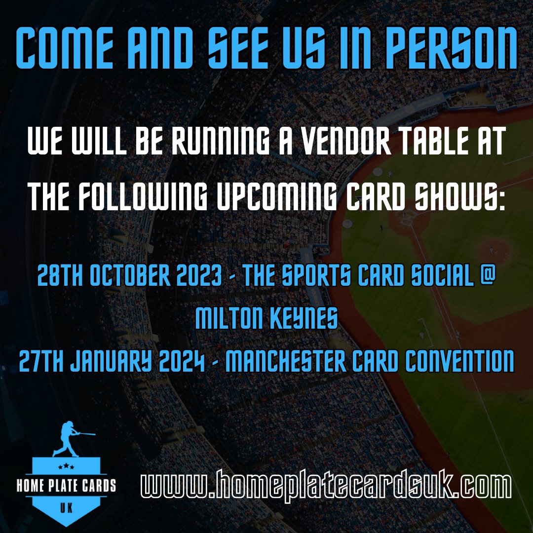 HomePlateUK's tweet photo. We will hosting a vendor table at two card shows over the next 3 months as we take Home Plate Cards UK on the road in a bid to grow baseball card representation at UK Card Shows.

If you are attending either show, stop by our table, say hello, see what we have to offer! https://t.co/y4iCeSBb49