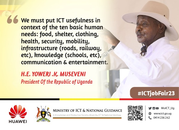 H.E President @KagutaMuseveni, 'The vital role of ICT, is that it makes work faster, more efficient & more traceable. That's why I support the idea of digitizing government processes.' #ICTJobFair23 @MoICT_Ug @CHRISBARYOMUNS1 @KabbyangaB @Hon_Ssebugwawo @MosesWatasa @DMU_Uganda