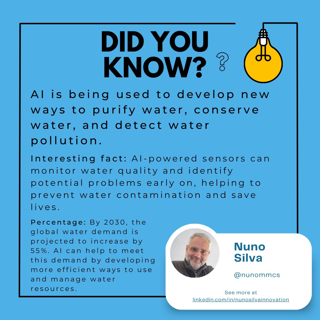 Did you know? AI is being used to develop new ways to purify water, conserve water, and detect water pollution.

#AIinWater #WaterInnovation #FutureofWater

linkedin.com/posts/nunosilv…