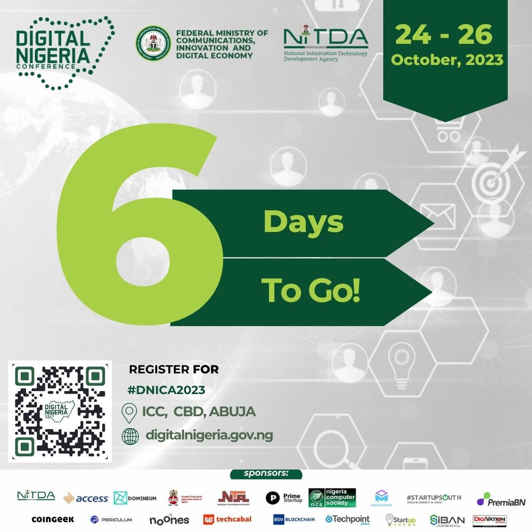 DigitalNigeria1's tweet photo. Countdown to the biggest digital technology gathering in the country!

It is scheduled to hold on the 24th-26th of October, 2023, at the International Conference Center, Abuja. 

Click on the link to register: https://t.co/5NeiLBwqgE  #DNC2023 https://t.co/smlYV53CKn