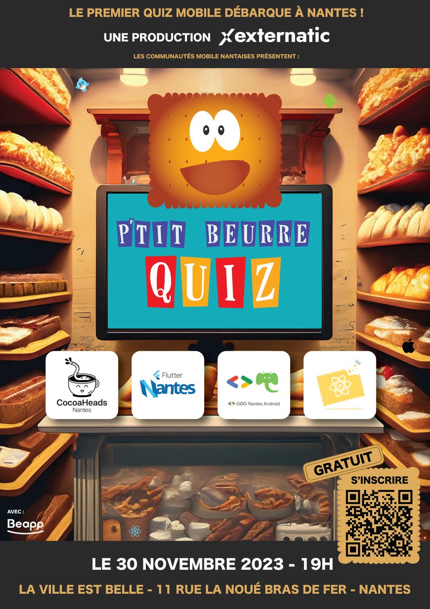 📣 Voilà le P'tit Beurre Quiz !

<a href="/Externatic/">Externatic</a> et les communautés mobiles Nantaises : <a href="/gdgnantesdroid/">GDG Nantes Android</a>,  <a href="/cocoanantes/">CocoaHeads Nantes</a>, <a href="/FlutterNantes/">Flutter Nantes</a> et <a href="/ReactNantes/">React Nantes</a> vous proposent une soirée remplie de questions autour du développement mobile.

📆 Infos et réservations : gdg.community.dev/events/details…