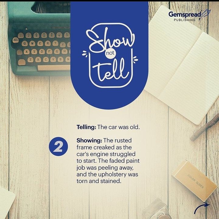 gemspread_pub's tweet photo. Youโve heard โShow, not tellโโฆWell, hereโs how to do it๐ก
#gemspreadpublishing #shownottell #showdonttell #writingtips #writingtricks https://t.co/iHHN5UVWCN