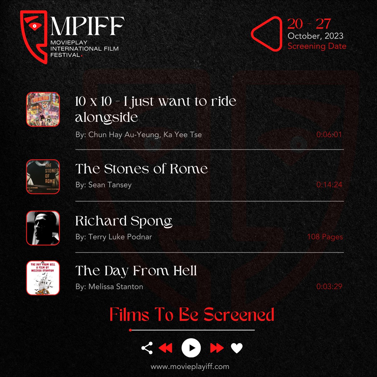 MoviePlayIFF's tweet photo. ๐ฅ Film Screening Alert! ๐
๐ October 20-27, 2023
๐ Tune in on October 20
๐ https://t.co/YbjJfDB1ca
Get ready for a week of movie magic. ๐ฟ๐ฌ
#movieplay #screening #movieplayiff #filmfestival #livescreening #screeningschedule #filmstobescreened https://t.co/jtlMWDuubu