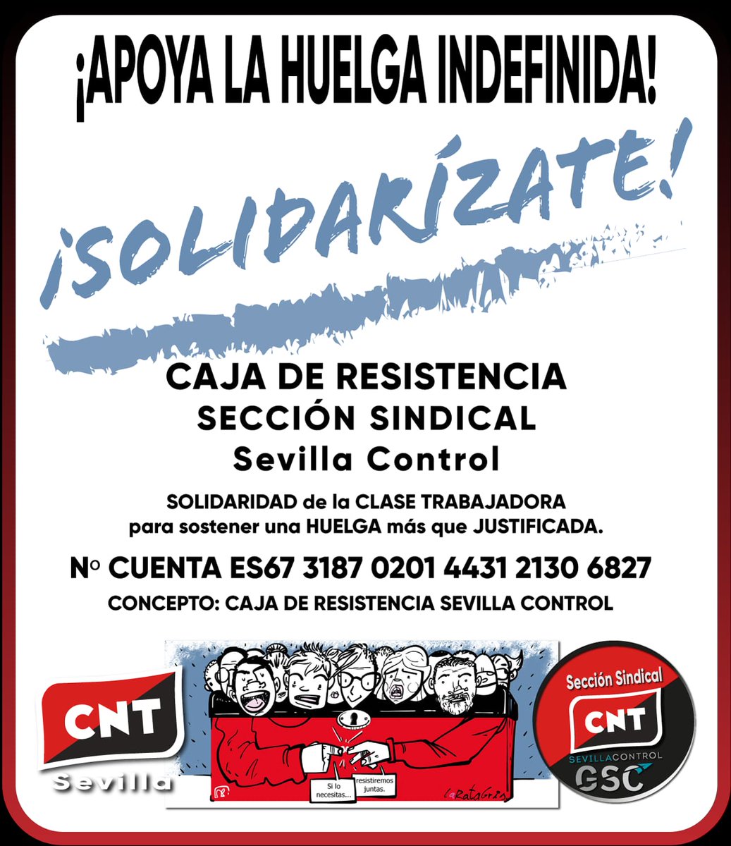 🫵 CNT te necesita para lograr los objetivos de la Sección Sindical de Sevilla Control!!⚫🔴

Anímate a hacer tu pequeña aportación. La solidaridad de la clase trabajadora dará como resultado poder sostener la justificada Huelga y alcanzar sus derechos ✊.
 
<a href="/Ayto_Sevilla/">Ayuntamiento de Sevilla</a>