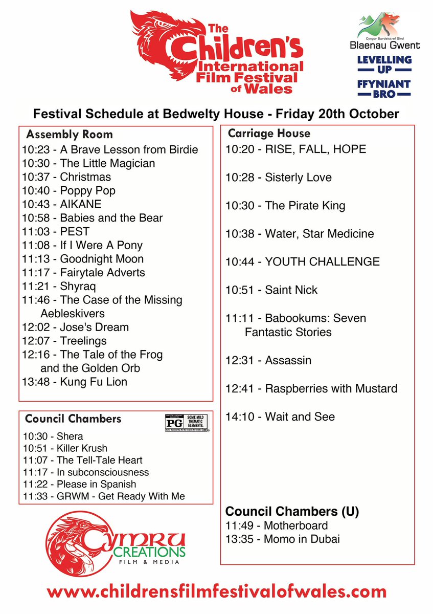 FESTIVAL SCHEDULE LIVE 📣 
Plan your visit to Bedwellty House and Park now, with these helpful schedules for the festivals film showings, taking place this Thursday and Friday! #CIFFOW2023 

We look forward to seeing you all!