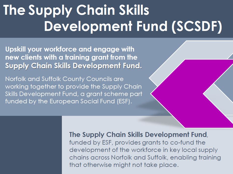 Last call for #funding! 📣The Supply Chain Skills Development Fund will close next month!  

The fund offers 50% match funding to companies in Suffolk &amp; Norfolk to #upskill their workforce so why not see how your business could benefit? 💡

Email supplychainskills@suffolk.gov.uk
