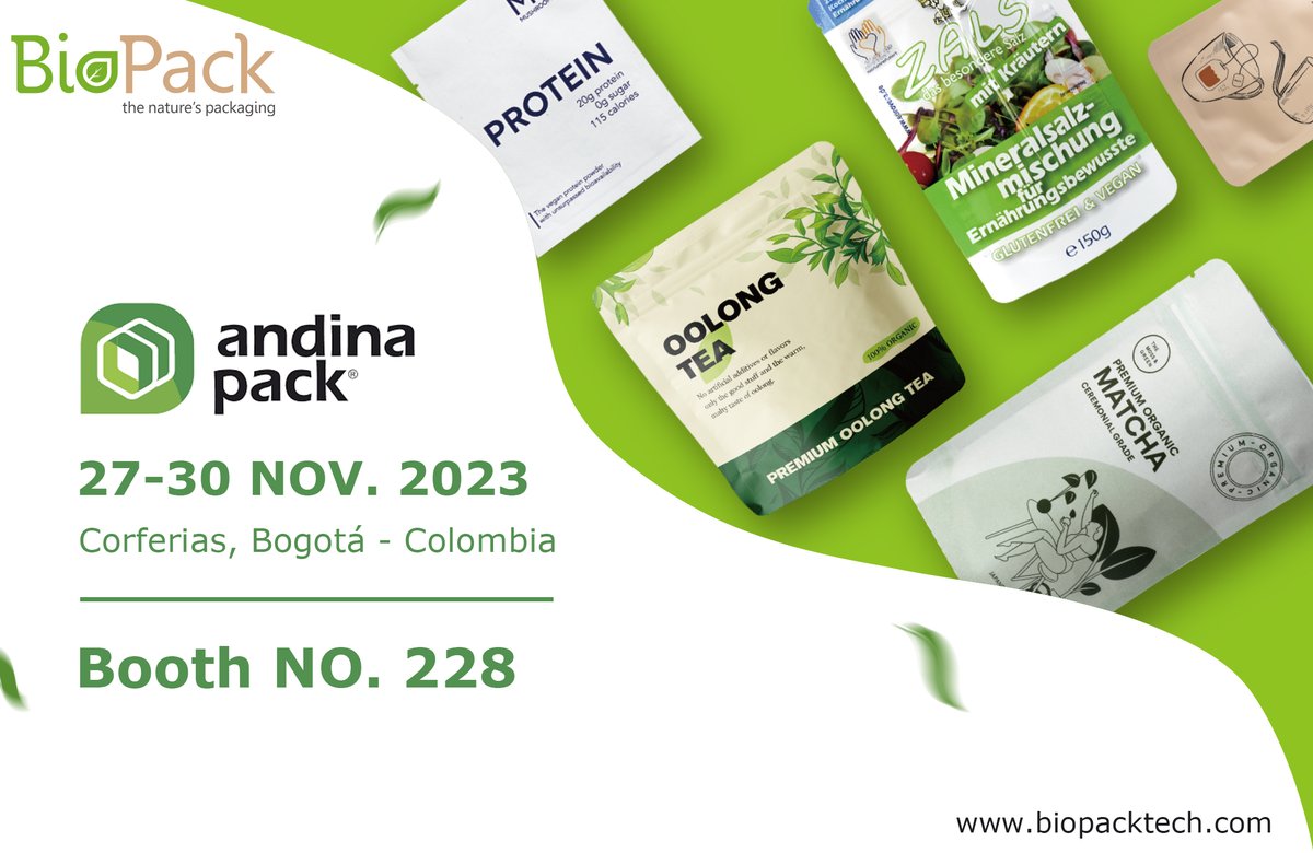 pack_bio's tweet photo. 🌿 Exciting news! 🌍 MSTPACK, your go-to for sustainable packaging, is thrilled to join Andina Pack 2023 in Colombia from Nov 27-30. Meet us at Booth No. 288 to explore eco-friendly solutions. 📦💚 #MSTPACK #SustainablePackaging #AndinaPack2023 #packagingexpo #packagingsolutions https://t.co/KxJbaNNLSN