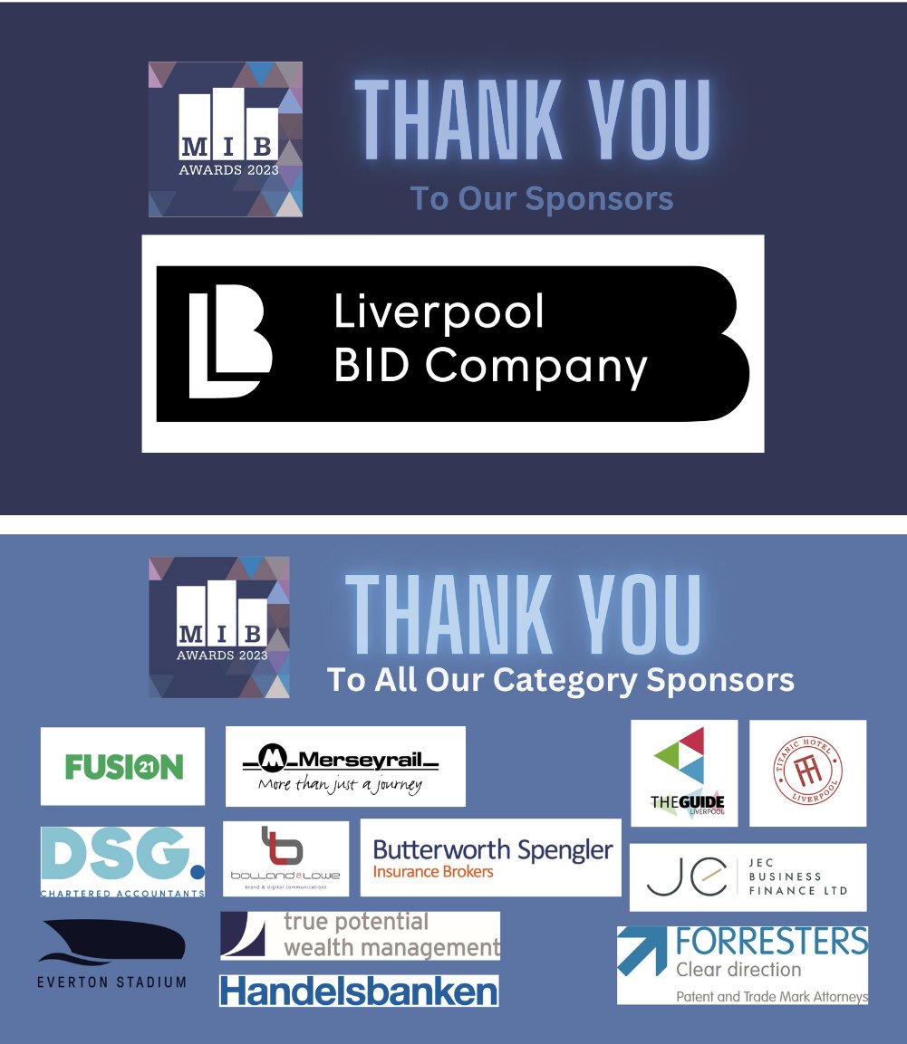 Ahead of tomorrow's celebrations, we'd like to thank all the businesses that have sponsored categories at this year's MIB Awards. Plus, very special thanks to @LpoolBidcompany for their continued support as our overall sponsors. 👏👏 #ThankYou #MIB23