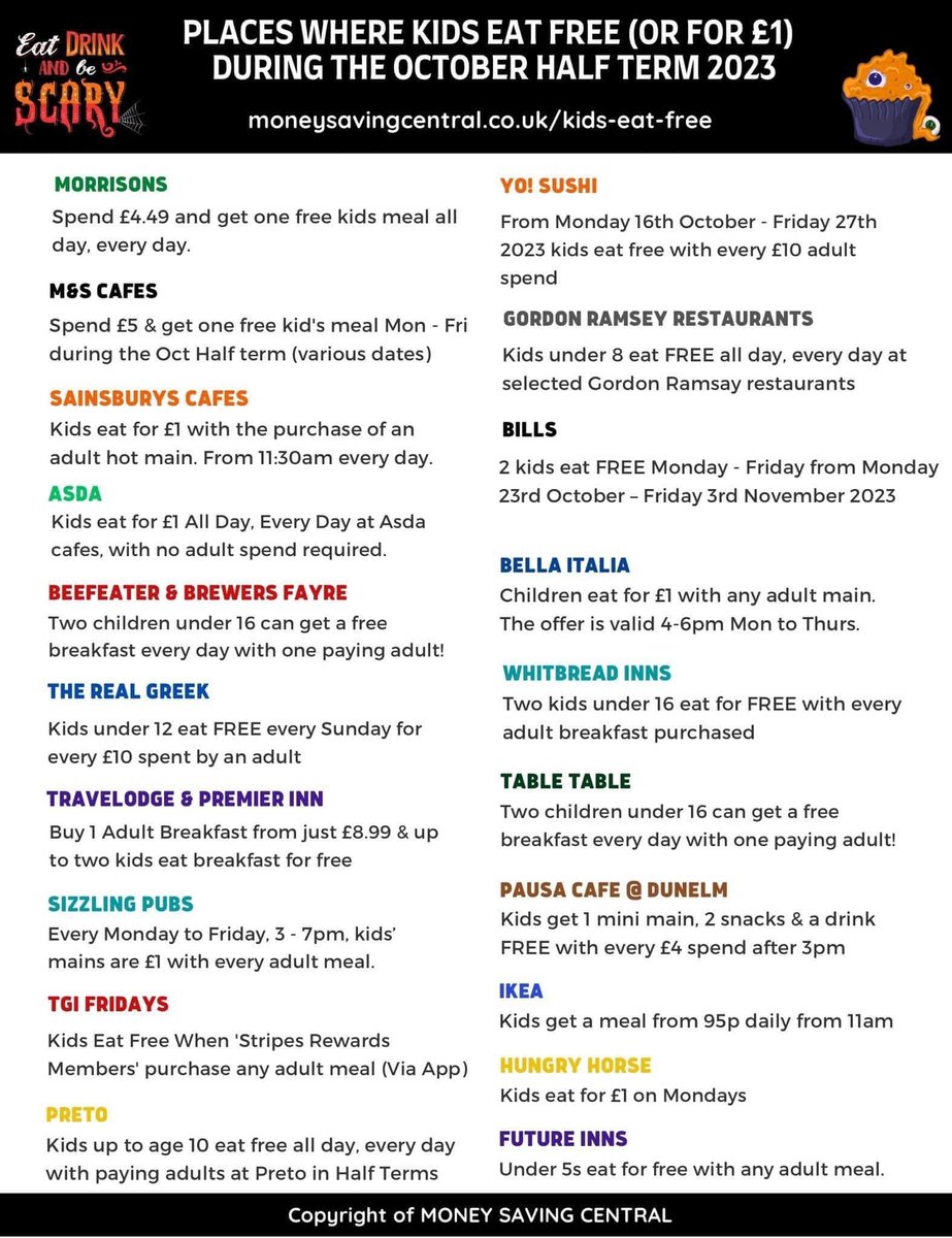 Places where kids eat free (or for £1) during October half term 🎃