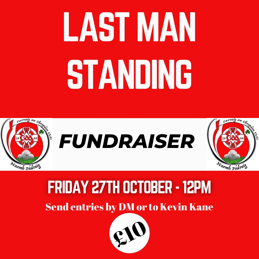Carrickcruppen's tweet photo. ‘Last Man Standing’ competition using the Premier League fixtures.  Hopefully you can all support, it will be a bit of craic and maybe even get the kids involved to pick the teams.  

£10 to enter

Selections can be sent via DM, details on how to pay will be sent in response. https://t.co/GLGpQWkOP0