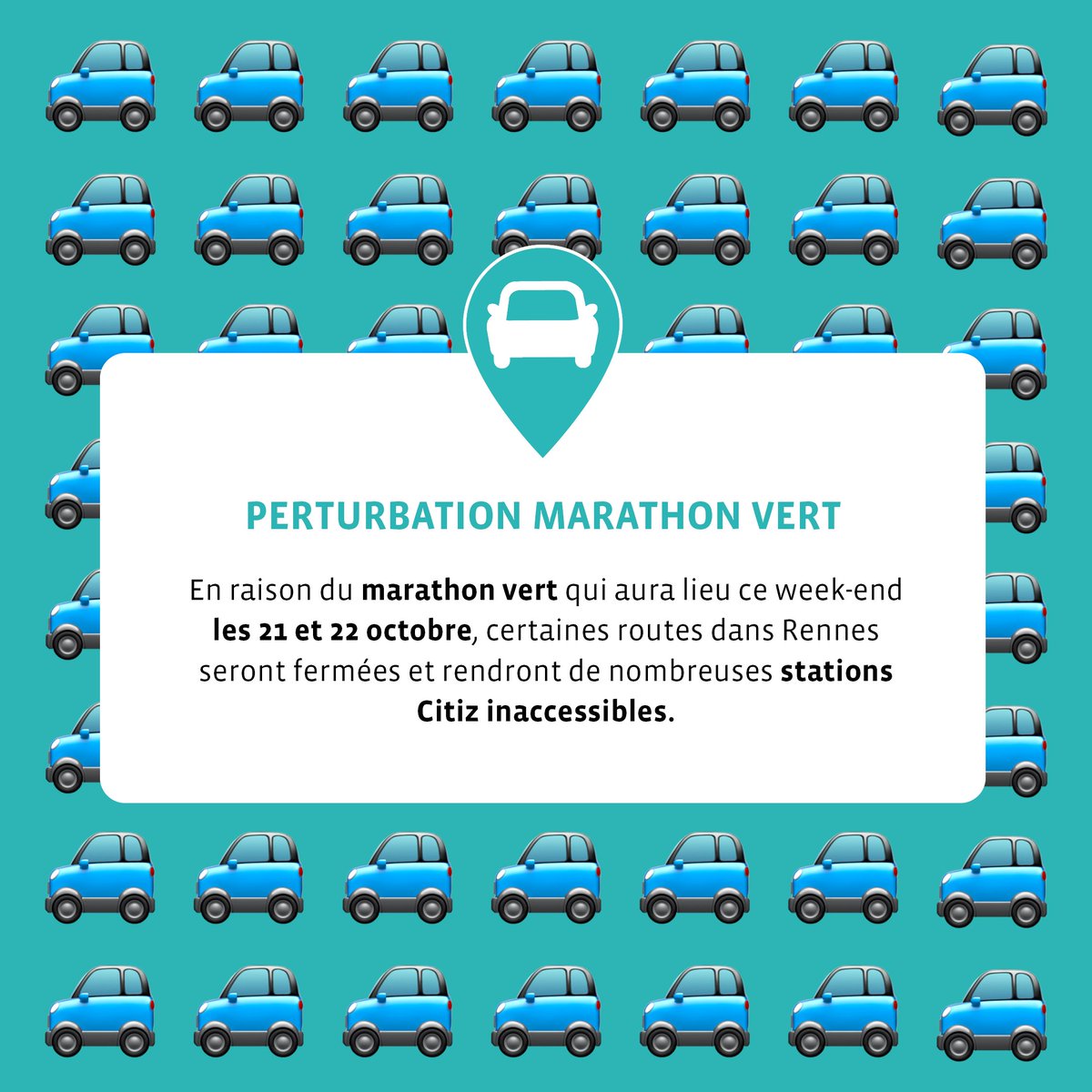 📣 PERTURBATIONS STATIONS 📣

En raison du #MarathonVert qui se déroulera les 21 et 22 octobre prochains, certaines stations #Citiz seront inaccessibles tandis que d'autres seront difficiles d'accès à #Rennes.