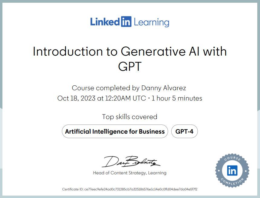 NextLevelSDDC's tweet photo. Time to get out the comfort zone and learn something new!
I finished the course “Introduction to Generative AI with GPT” by Jonathan Reichental.
#artificialintelligenceforbusiness #gpt4 #openai #chatgpt #genai #generativeai #gpt #trainingmodels #neverstoplearning #nextlevelsddc https://t.co/bPKtiqf8cx