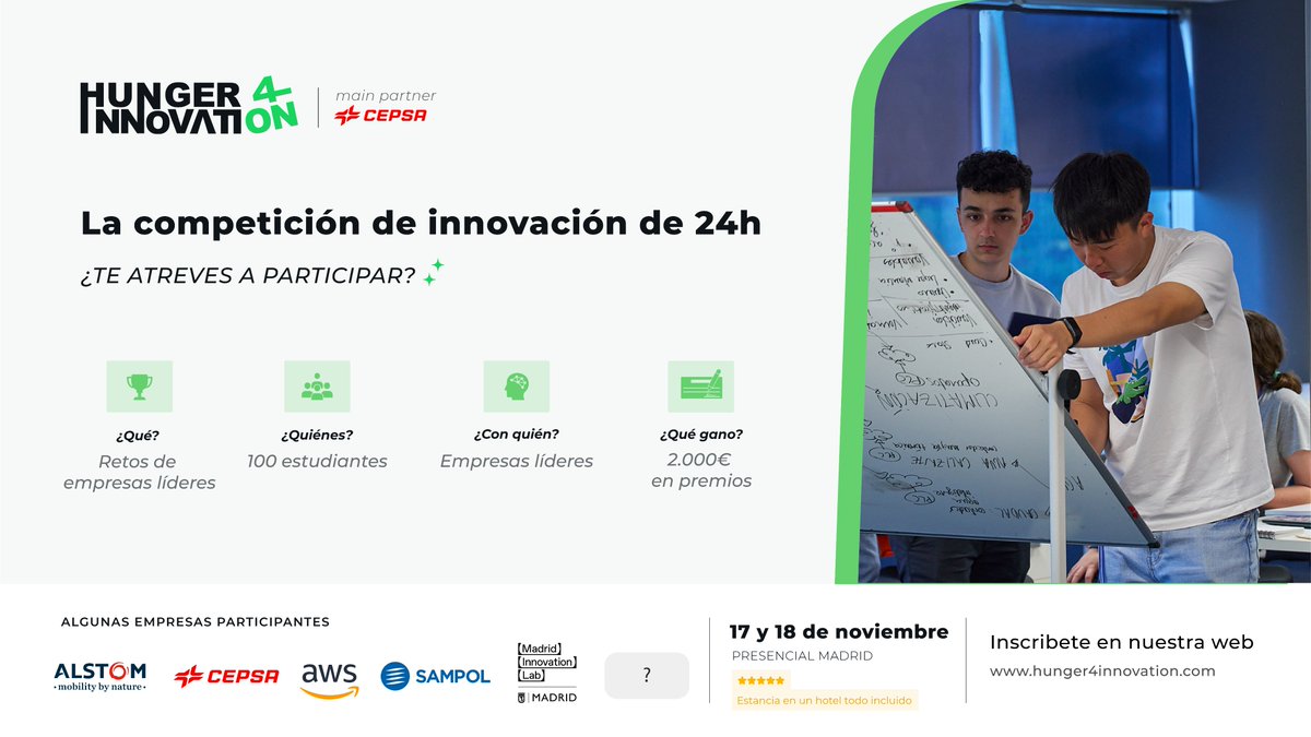 #hunger4innovation te invita a la competición de innovación de 24h, durante la cual podrás conocer varias empresas líderes de nuestro país <a href="/Cepsa/">XXXXXXXX</a> <a href="/Alstom/">Alstom</a> <a href="/SampolEnergia/">Sampol Energía</a> 

✏️Inscripciones hasta el 20 de octubre hunger4innovation.com/inscripcion/

+Info 👇👇