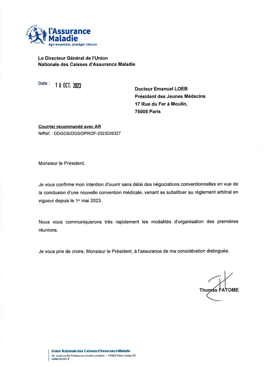 JeunesmedecinsF's tweet photo. .@ThomasFatome, DG de l'@Assur_Maladie  vient d'écrire au président de @JeunesmedecinsF, @EmanuelLOEB. Il confirme son intention d'ouvrir des négociations conventionnelles. Toute l'équipe de #JM vous tiendra au courant au fur et à mesure. 

#conventionmedicale #santé #médecins https://t.co/pSRokRoGzj