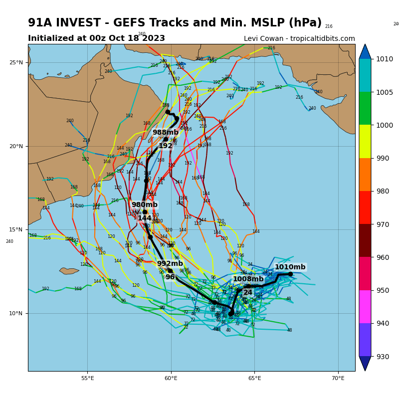 LimWeather's tweet photo. #Invest91A has high chance of TCG in 5 days in S #ArabianSea, model ensembles like from the #GFS, #ECMWF forecast a track W then either a recurve N or continues W
#Tropicswx #Wxtwitter #ARB02 #91A #Tej #Cyclone #CycloneTej #Somalia #Yemen #Oman #Pakistan #India #Gujarat #Iran https://t.co/x0M4zQFJBy