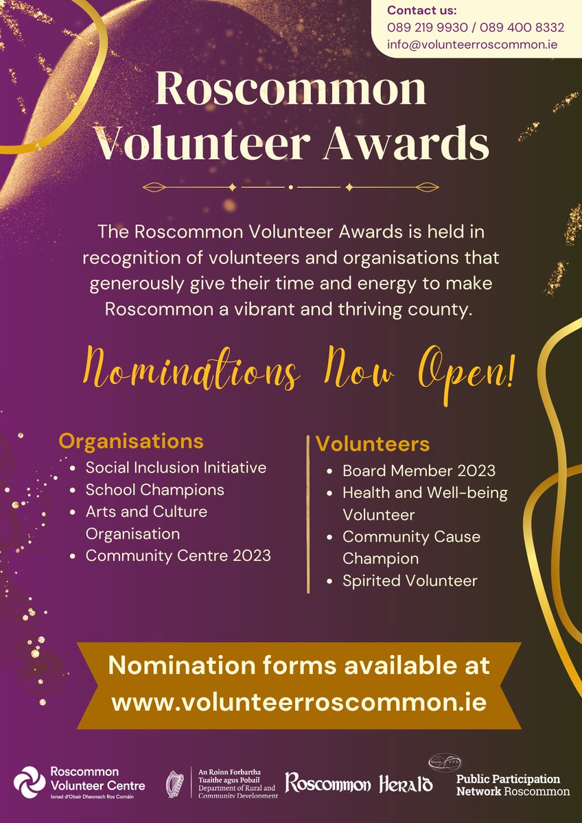 We're so excited to announce that nominations are now open for the Roscommon Volunteer Awards. What better way to say 'thank you' than to nominate a volunteer or community group for the hard work they do throughout the year to improve our communities? bit.ly/48Wb4pC