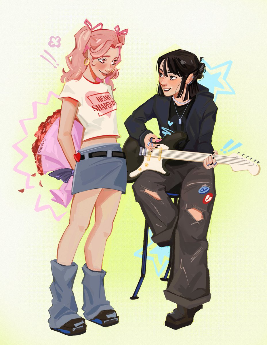 2girls multiple girls instrument pink hair pants skirt black hair  illustration images