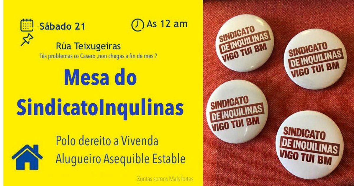 Inquilinasindic's tweet photo. MESA do Sindicato de Inquilinas Vigo-Tui-Baixo Miño. Polo dereito a vivenda! Participa! 

🏠 Lugar: Rúa Teixugueiras. Navia
🗓 Data: sábado 21 de outubro 
⏰ Hora: 12:00 h.
Envía un correo electrónico a: sindicatoinquilinas.vigo@gmail.com 
Teléfono de contacto: 📞 613682207 https://t.co/cf15V0l3qZ