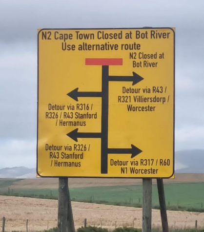TrafficSA's tweet photo. Western Cape - N2 Westbound: Bot Rivier bridge closure - alternative route options towards Cape Town #BotRivier