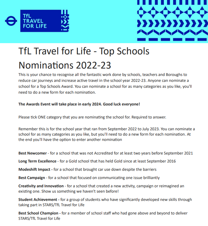 TfL Travel for Life (STARS) Top Schools Award - nominate your school by 1 November
For recognition of schools who have worked to make significant travel behaviour changes in 2022-23. #Ealingschools submit your most successful activities. Read more shar.es/ag0lV3