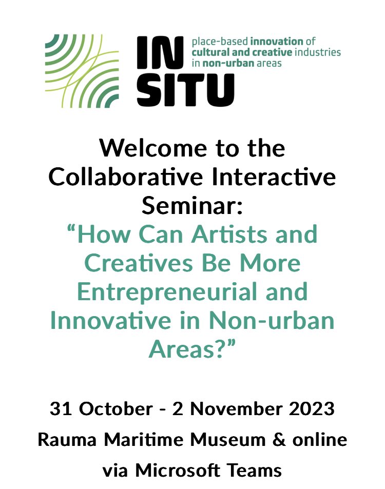 Welcome to Rauma or join online. See the programme and registrate link.webropol.com/s/insitu2023 ! #Culture #Art #CreativeIndustries <a href="/INSITU_Culture/">IN SITU Culture</a> <a href="/raumafi/">Rauman kaupunki</a> <a href="/eurajoenkunta/">Eurajoki</a>