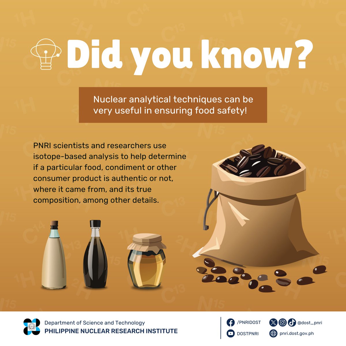 dost_pnri's tweet photo. DID YOU KNOW? ๐กPNRI scientists and researchers use isotope-based analysis to determine the authenticity, composition, and origin of food products.
Learn more about nuclear analytical techniques this Food Safety Awareness Week! ๐ฅญโ๏ธ๐๐ฅฆ๐ฏ #nuclearPH https://t.co/PdFDDtsWdl