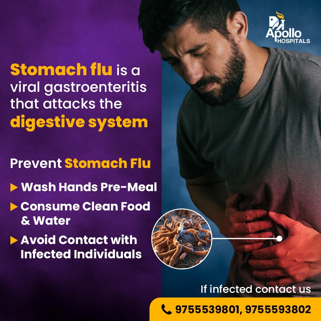 The symptoms of #StomachFlu or #Gastroenteritis include diarrhea, cramps, vomiting, and fever. Don't ignore these warning signs! Follow these preventive measures to safeguard your health. If you suspect Stomach Flu, reach out to us. #Digestion #HealthyLife #ApolloHospitals