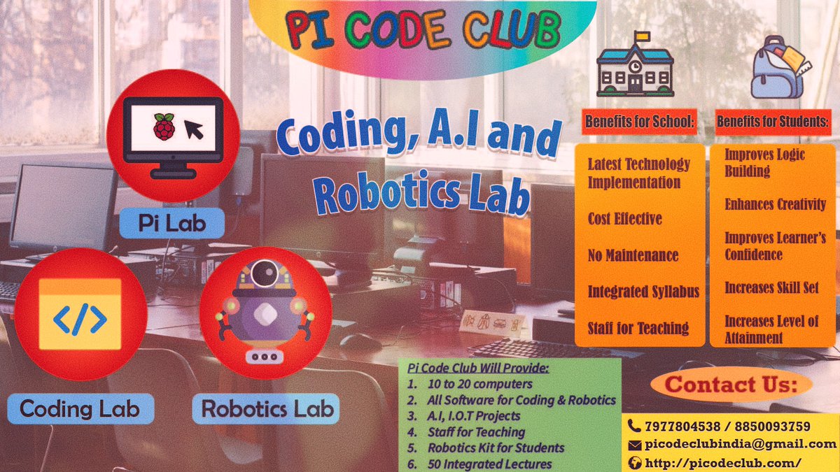 PiCodeClub1's tweet image. &quot;Experience the future of coding at Pi Code Club with our 3 in 1 Lab - Code Club, Robotics Lab, and Computer Lab combined. Featuring FOSS, STEM projects,  Contact us at 8850093759we&apos;re leading the way in innovative education! 🚀📷#picodeclub #stemeducation #aiinnovation