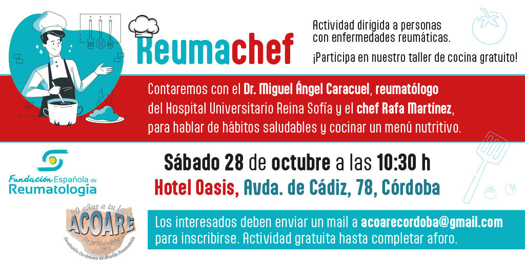 SEReumatologia's tweet photo. 🗓️El próximo sábado 28 de octubre organizamos en #Córdoba, junto con #ACOARE, un taller sobre la importancia de los hábitos saludables para las personas con enfermedades reumáticas. ¡Te esperamos! Estás a tiempo de inscribirte 👇👇 https://t.co/OnRY5NfTLJ