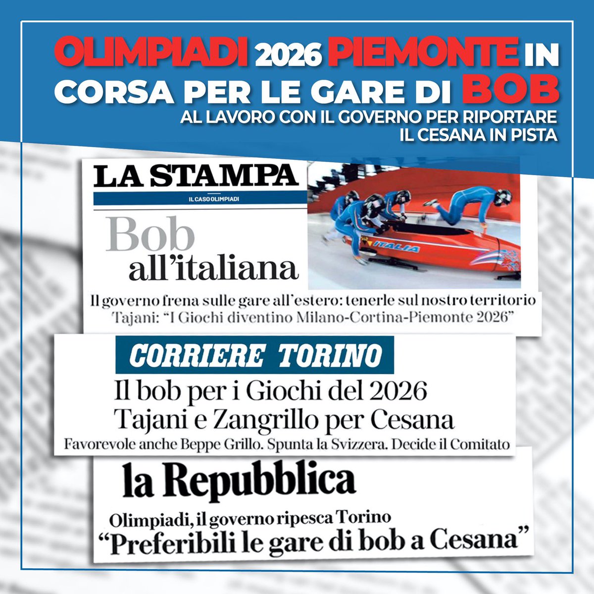 Al lavoro insieme al governo per riportare il #Piemonte nella corsa delle Olimpiadi invernali del 2026. Se la pista di #Bob non si fa a Cortina, allora si usi Cesana. Spostare all’estero le gare delle #Olimpiadi italiane sarebbe una paradossale follia 💪🇮🇹 #milanocortinapiemonte