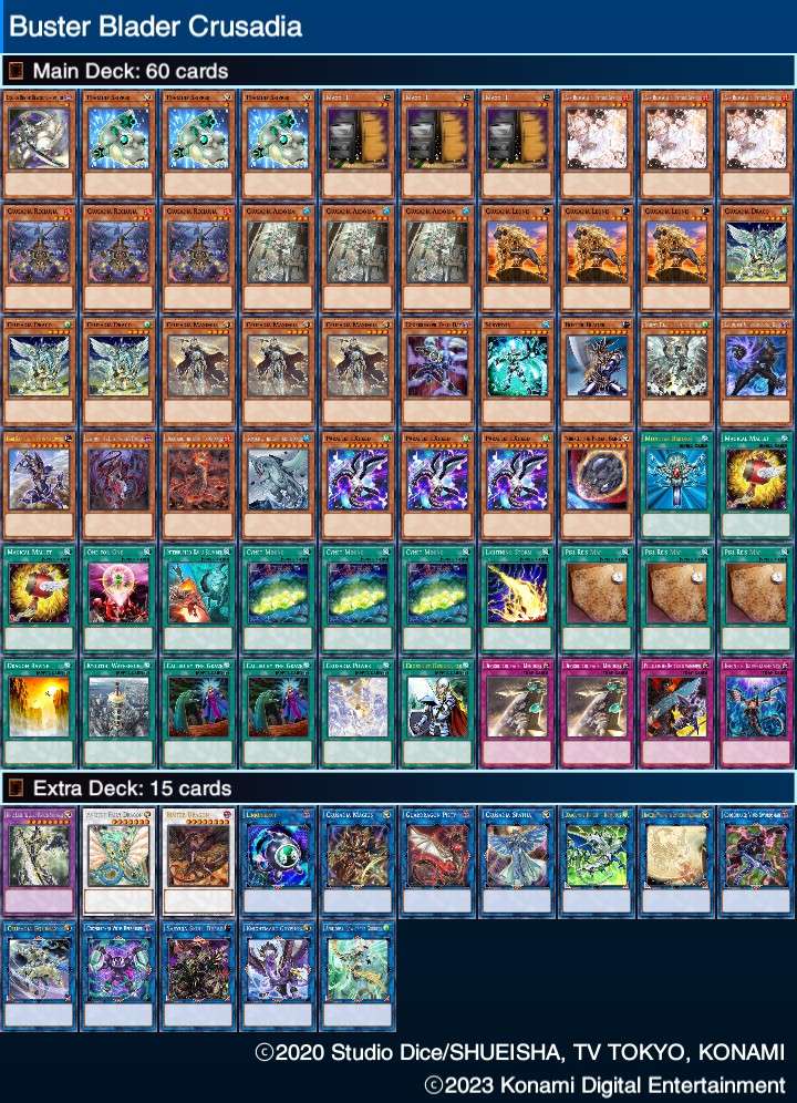 Buster Blader Crusadia Gameplan: 1. Summon Protector Whelp to dump Prologue  2. Make Codebreakers under Draco Masters of the Tenyi/Apollousa 3. Summon  Knightmare Gryphon colinked to retrieve Prologue from the GY Bonus: