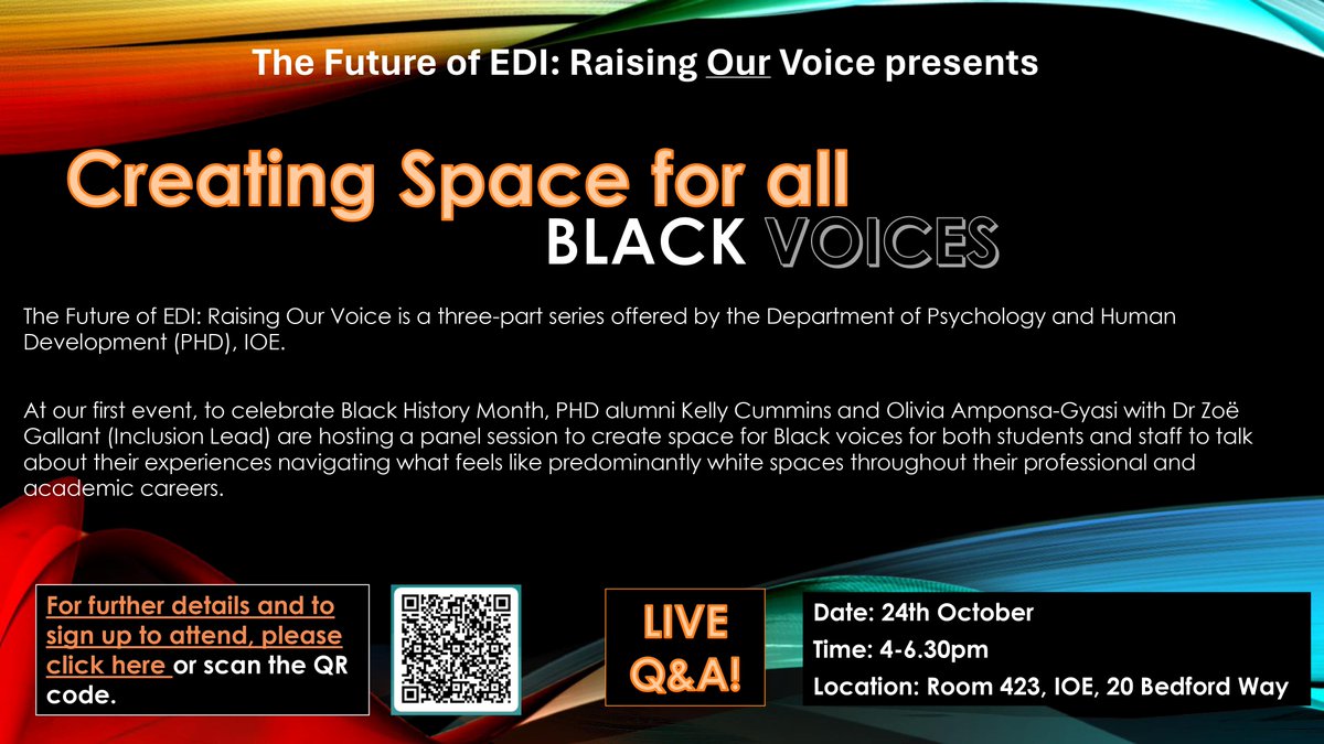 Join us next Tuesday for the first session in our 'The future of EDI: Raising our voice' series, which will be celebrating #BlackHistoryMonth! Open to all @ucl students and staff through this link: bitly.ws/XGxY @Zoe_G19 @IOE_London