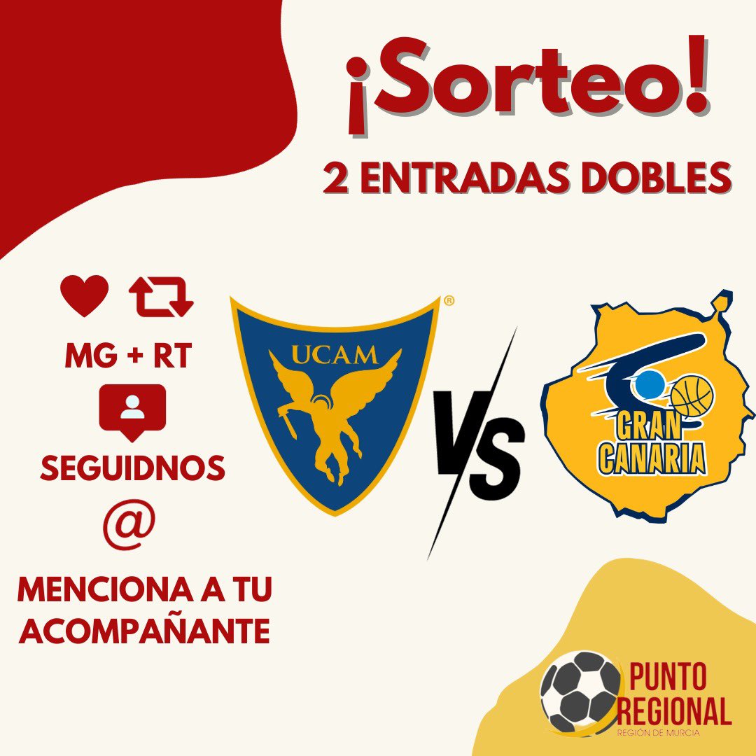 🔴🏀 <a href="/UCAMMurcia/">UCAM Murcia</a> vuelve al Palacio este sábado a partir de las 20:45h frente a Gran Canaria 

🍀Sorteamos DOS entradas DOBLES para el encuentro, los requisitos para entrar en el sorteo son:

-Seguidnos, dar MG y RT a este tweet

-Mencionar un acompañante @

🤞SUERTE!!!