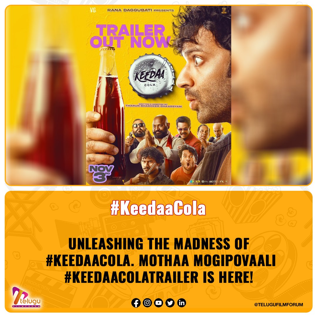 Unleashing the madness of #KeedaaCola. Mothaa mogipovaali🥁 #KeedaaColaTrailer is here!💥 #KeedaaColaOnNov3 @TharunBhasckerD @RanaDaggubati @VGSainma @VivekSudhanshuK @sripadnandiraj @UpendraVg @Mesaikrishna @KaushikNanduri @SureshProdns @saregamasouth