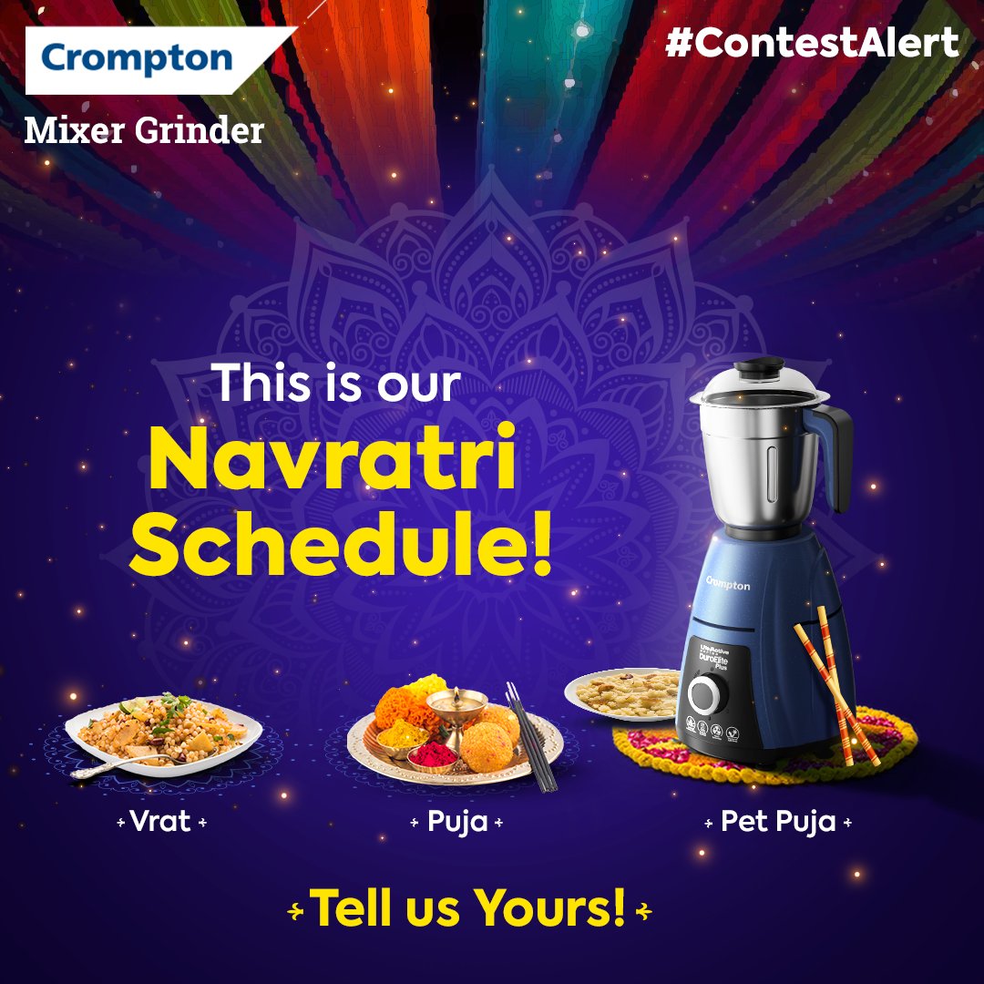 #ContestAlert 🎉 This is how Navratri with Crompton looks like! Here are the rules: - Follow @crompton_india - Like & Comment below by telling us your Navratri Schedule We can't wait to know your finest Navratri schedule! #NavratriContest #CromptonNavratri #FestivalSeason