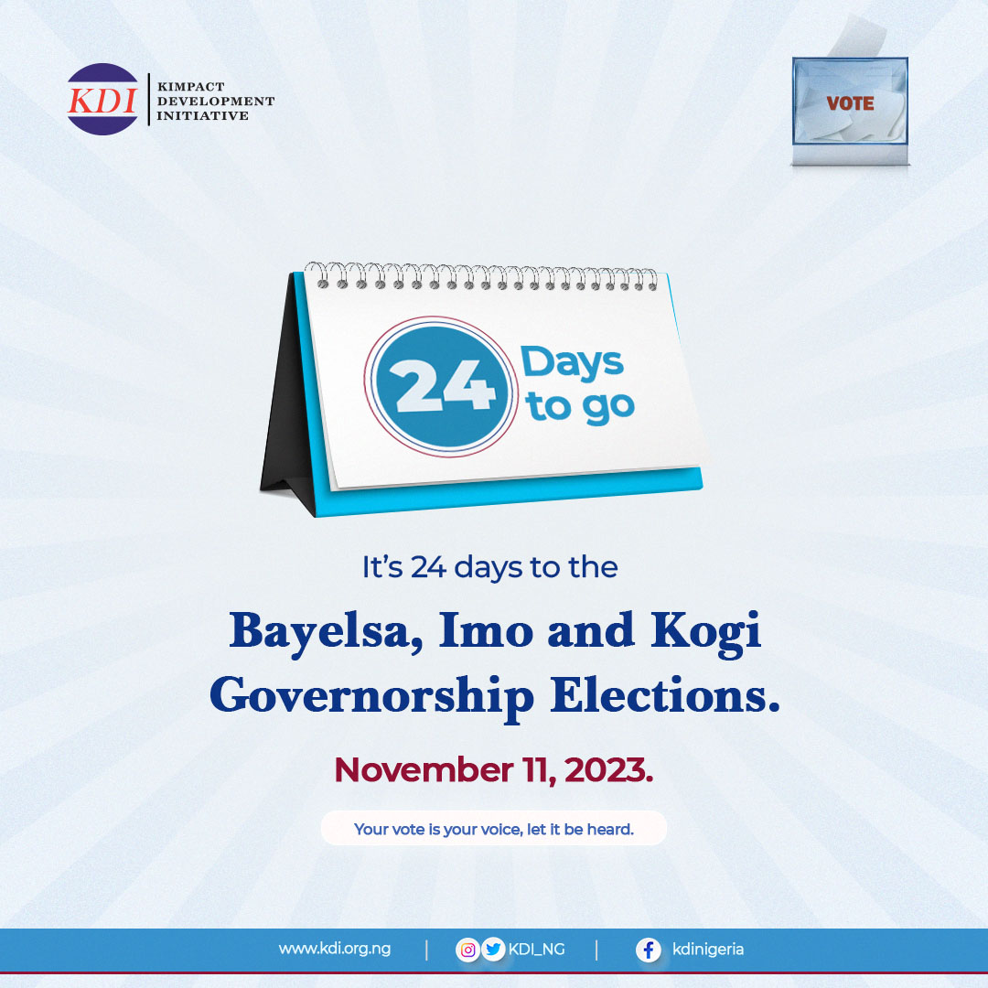 #Countdown 
It's 3weeks, 2 days, 23 hours and 58 minutes to the Bayelsa, Imo and Kogi states off-cycle governorship elections. 
Get your PVCs ready! 
#OffcycleElections #PVC #Vote