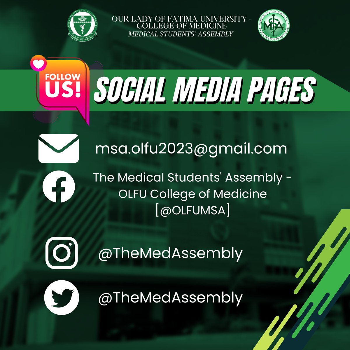 TheMedAssembly's tweet image. These are our social media accounts for all updates regarding the College of Medicine. Please don't forget to follow, like and share! Stay tuned ;)

FACEBOOK: facebook.com/OLFUMSA
INSTAGRAM: instagram.com/themedassembly/
TWITTER: