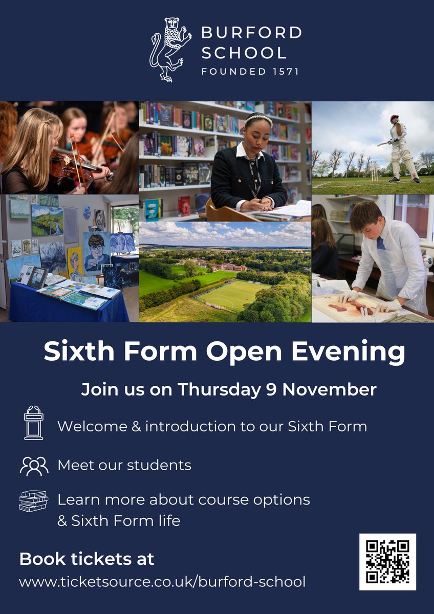 Join us on Thursday 9 November for our Sixth Form Open Evening at Burford School.  

This is your chance to meet our students &amp; staff, learn more about our A-Level options &amp; explore the wealth of extra-curricular opportunities we offer.  

To book 🎟️tinyurl.com/3j4h3hu2