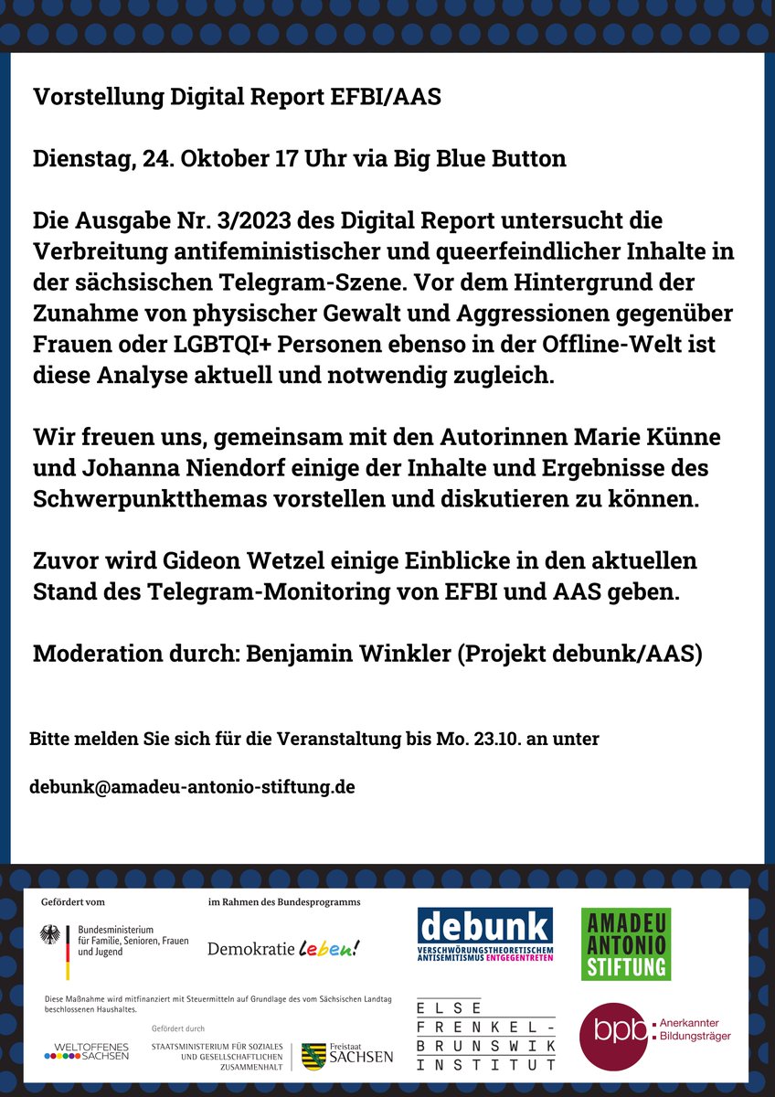 Nächsten Dienstag (24.10.) 17Uhr stellen wir online die Ergebnisse des aktuellen #DigitalReport vor. Anmeldung bitte über debunk@amadeu-antonio-stiftung.de efbi.de/details/antife… #Sachsen #Zivilgesellschaft