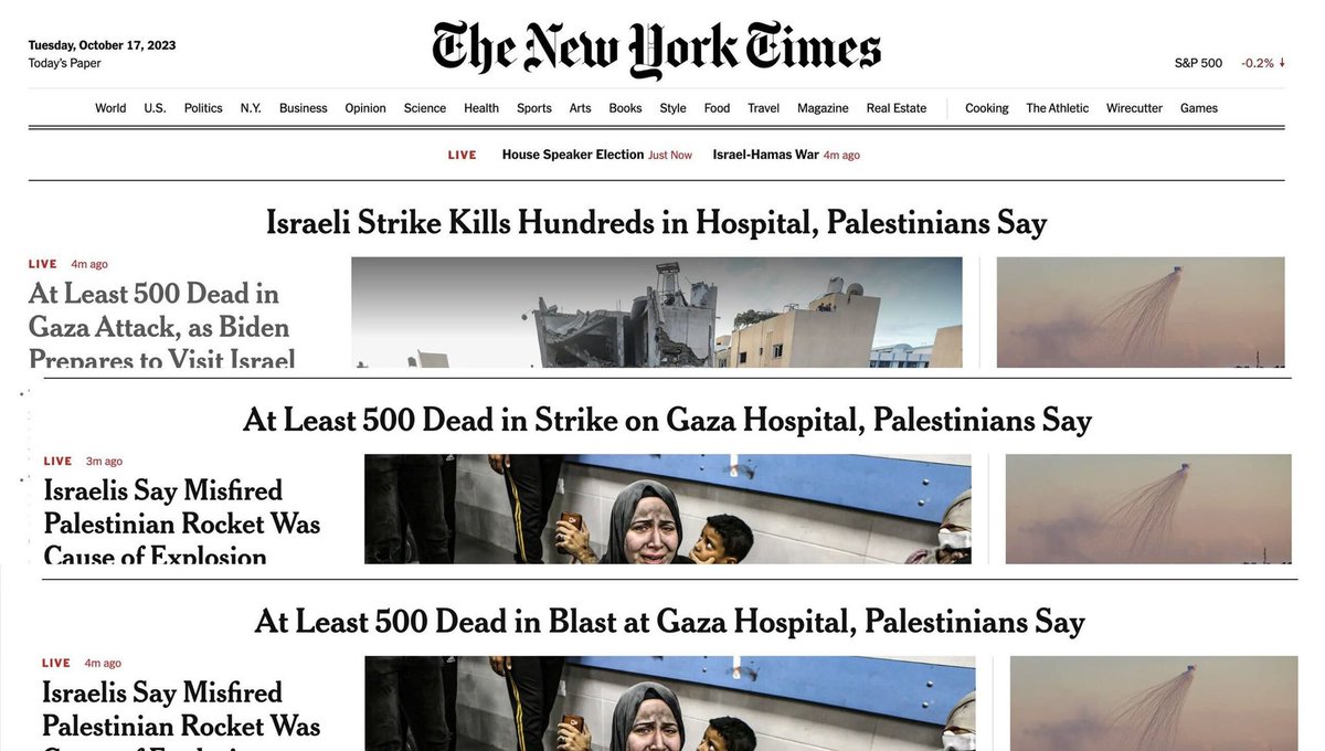 New York Times: SHAME ON YOU. Yesterday, at 6:59PM Islamic Jihad fired a barrage of around 10 rockets towards Israel. One of the rockets misfired (fairly common event) and hit the parking lot of a hospital, killing many innocent people. Hamas immediately understood that