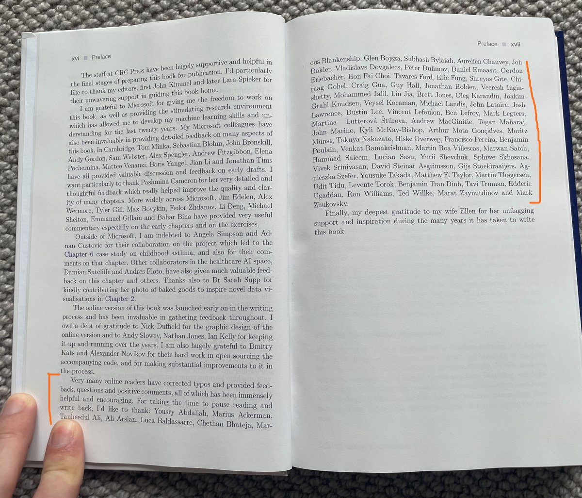 mbmlbook's tweet photo. So many readers of the online book have given feedback, corrected typos and generally been hugely encouraging and positive.  I've tried to thank as many of you as possible in the acknowledgements.  
I hope you will see this tweet and know that your input made a huge difference! https://t.co/a9iR41dgT2