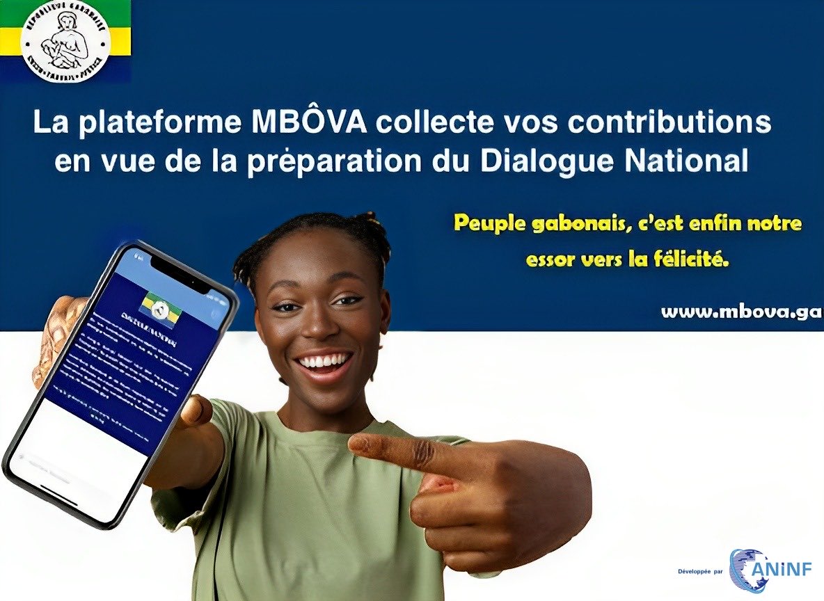 Découvrez Mbova, Application en ligne du Ministère de la Réforme des Institutions , développée par l'ANINF, qui recueille vos contributions! Pour le #DialogueNational. Accédez-y facilement sur toutes les  plateformes grâce à une connexion internet.#Mbova #ANINF #Innovation #Gabon