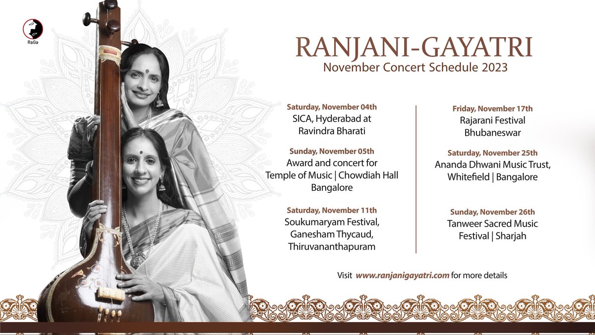 ranjanigayatri's tweet photo. As we eagerly await our Bengaluru concert tomorrow, we share our November concert schedule. Concerts coming up in Hyderabad ( after ages), Bengaluru, Thiruvananthapuram, Bhubaneswar and Dubai! Mark your calendars and join us!
#concert #schedule #RanjaniGayatri #RaGaLive #RaGa https://t.co/DPVhOHuayK