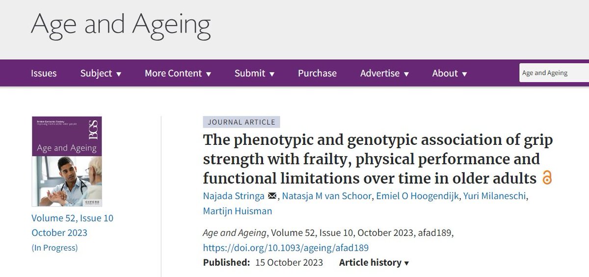 Emiel Hoogendijk (@emielhoogendijk) on Twitter photo 📝 New <a href="/lasavumc/">LASA</a> publication in <a href="/Age_and_Ageing/">Age_and_Ageing</a> in which we show that polygenic risk scores of grip strength were not associated with #frailty and physical performance.
Great work of <a href="/najadastringa/">Najada Stringa</a>!
#OpenAccess <a href="/amsterdamumc/">Amsterdam UMC</a> <a href="/APH020/">Amsterdam Public Health research institute</a> <a href="/YMilaneschi/">Yuri Milaneschi</a>
doi.org/10.1093/ageing… 📝 New <a href="/lasavumc/">LASA</a> publication in <a href="/Age_and_Ageing/">Age_and_Ageing</a> in which we show that polygenic risk scores of grip strength were not associated with #frailty and physical performance.
Great work of <a href="/najadastringa/">Najada Stringa</a>!
#OpenAccess <a href="/amsterdamumc/">Amsterdam UMC</a> <a href="/APH020/">Amsterdam Public Health research institute</a> <a href="/YMilaneschi/">Yuri Milaneschi</a>
doi.org/10.1093/ageing…