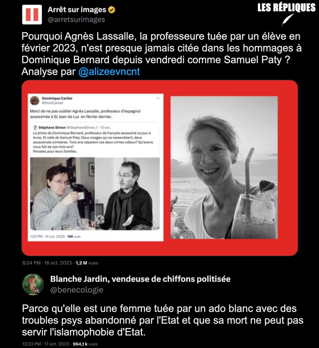 Le 22 février dernier, Agnès Lassalle professeure d'espagnole a été tuée, mortellement poignardée par l'un de ses élèves dans l'enceinte du lycée Saint-Thomas-d'Aquin à Saint-Jean-de-Luz

<a href="/benecologie/">Blanche Jardin 🖤❤️‍🔥</a>