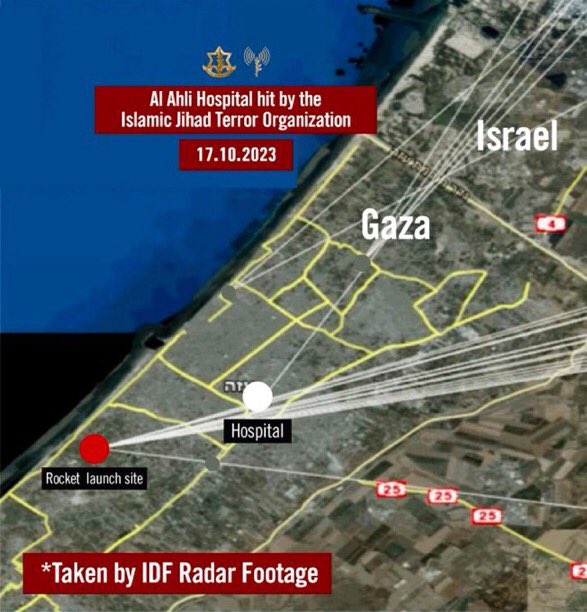 AntonioMaestre's tweet photo. Ayer, Israel compartió un mapa en el que marcaba el lanzamiento de los cohetes y la ubicación del Hospital. 

Hoy, Israel publica unas conversaciones, supuestamente de Hamás, en la que dicen que el lanzamiento de los cohetes se produce en el cementerio adyacente al Hospital. 

No hace falta explicar que una cosa o la otra es mentira.