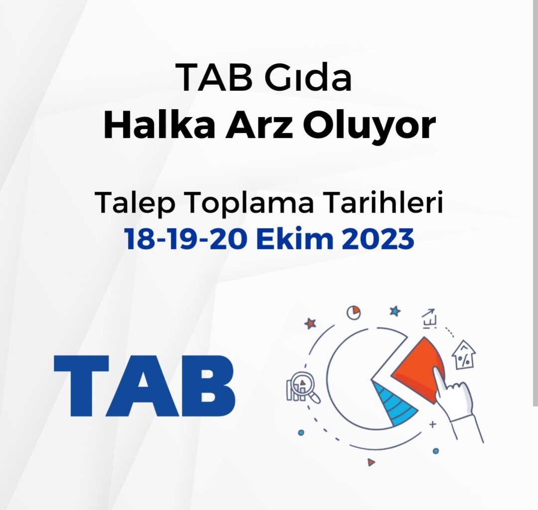 #TABGD 
Genel Müdür Özgür Çetinkaya:

📆"18-19-20 Ekim'de 130 lira sabit fiyatla talep toplamamızı gerçekleştireceğiz.

🔔26 Ekim'de İstanbul Borsası'nda gong törenimizi gerçekleştireceğiz.

✅Katılım endeksine uygun bir şirketiz.

➡️Başarılı sonuçlarımızı #temettü yolu ile tüm