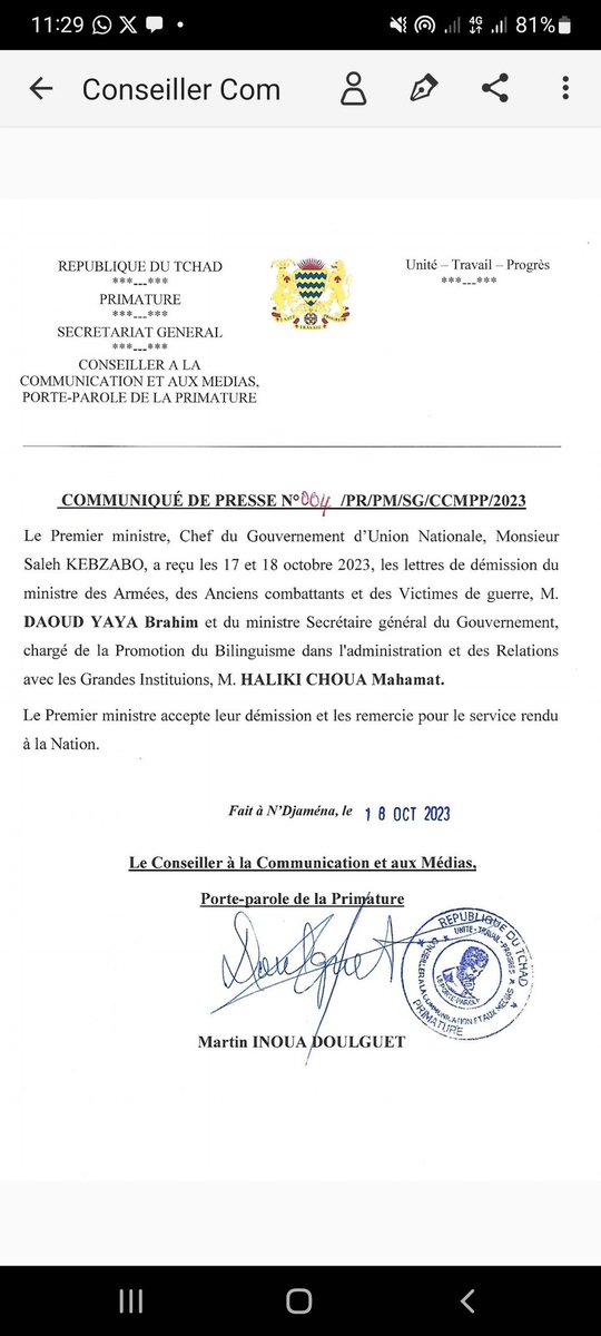 #Tchad les démissions des ministres des Armées et Secrétaire Général du Gouvernement confirmées par la primature @primature_td