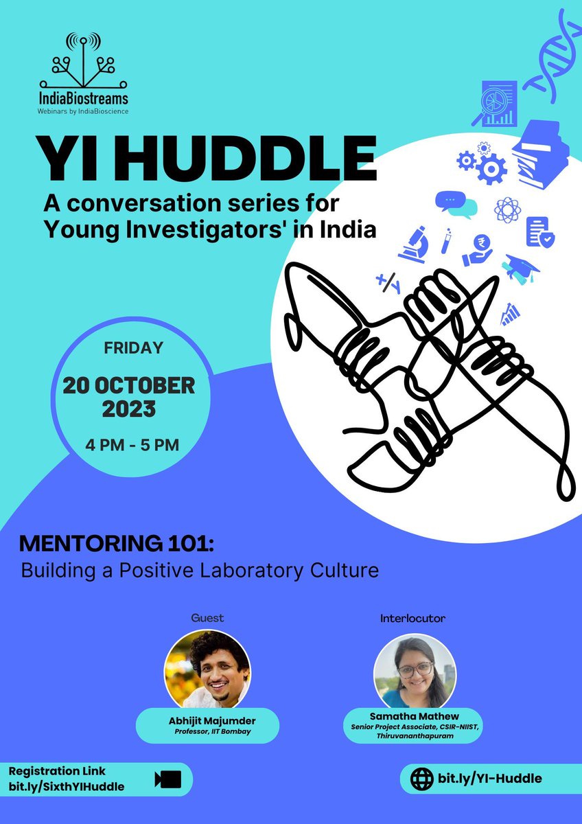 IndiaBioscience's tweet photo. Our 6th YI Huddle is around the corner! 🤩
We will be joined by @abhijit_MLab @iitbombay & interlocutor @Samatha_Mathew @csir_niist🔬
📅 October 20, 2023 | 4:00 - 5:00 P.M. IST.
💻 To register: https://t.co/yNHERsuFLo
👉 https://t.co/ivrYO7hB28
Register soon! ⌛
#YIHuddle https://t.co/xtdlefFK1A